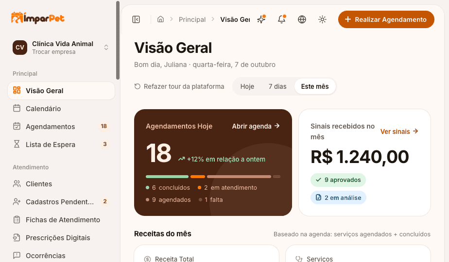 Interface do ÍmparPet mostrando dashboard de gestão de pets e agendamentos veterinários